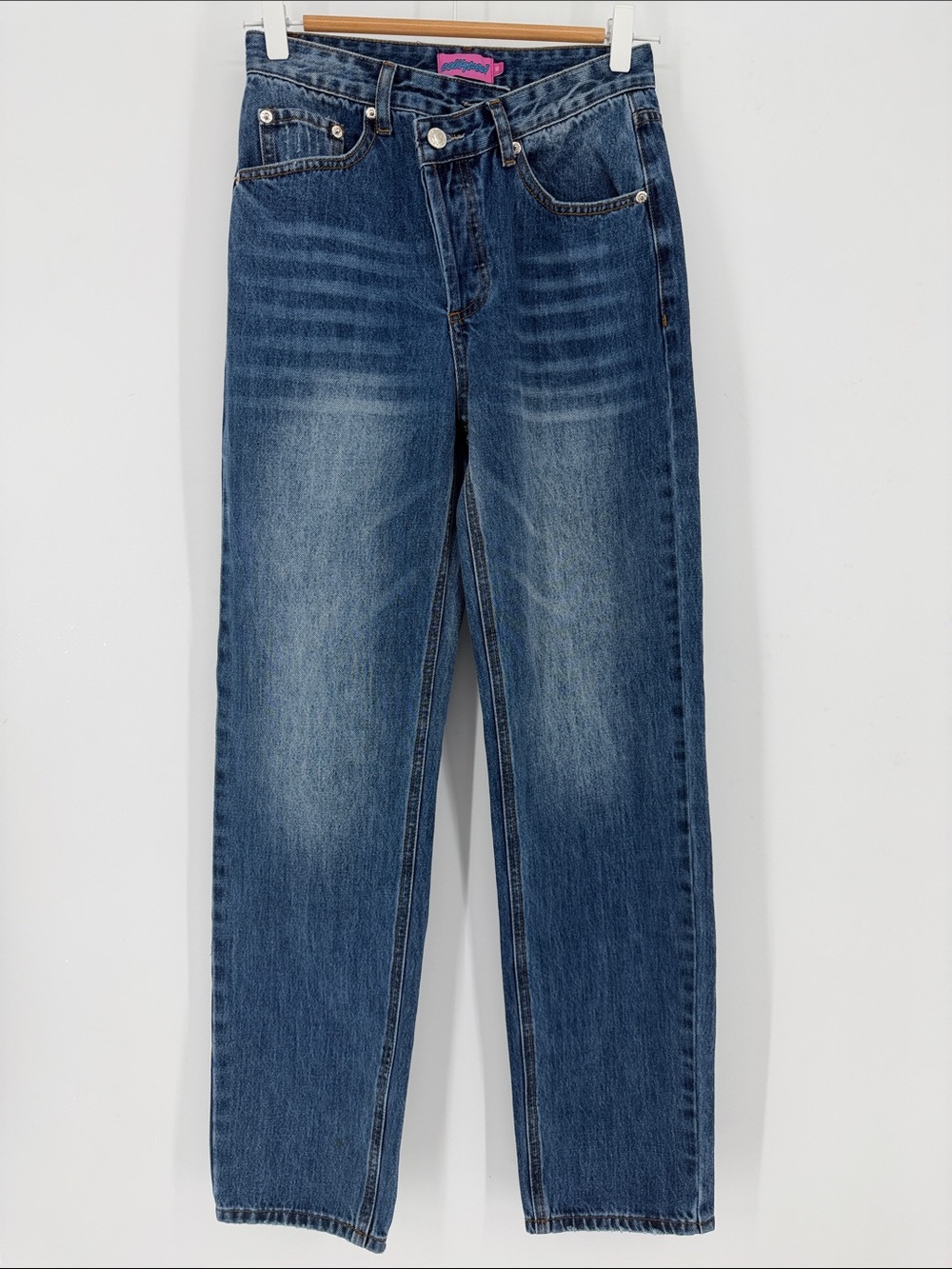 Edikted Jeans XS Crossover Waist High Rise Baggy Straight Leg Y2K Medium Wash